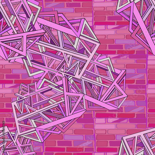Abstract futuristic background with bricks and geometric elements creating wire frame illustrating futuristic construction concept, or future technology. Hand drawn seamless pattern.