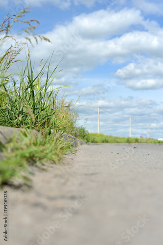 Grass growing along the highway  against a blue sky with clouds