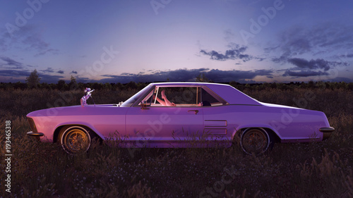 Fotografie Pink 1970s American Classic Car in a Field at Sunset with Sniper Rifle on the Ho