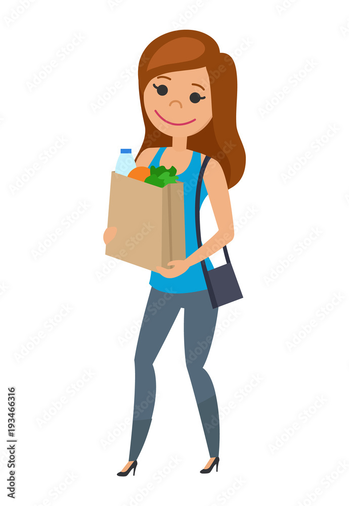 Woman with paper bag of food. The cartoon character. Vector illustration. Woman with paper bag of food. The cartoon character. Vector illustration.
