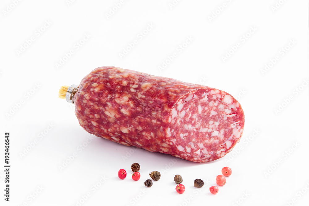 Salami smoked sausage, pepper, isolated on a white background cutout Salami smoked sausage, pepper, isolated on a white background cutout