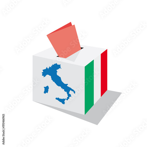 Voting in Italy; Italian political elections. Urn and ballot paper. Box with Italian flag and map