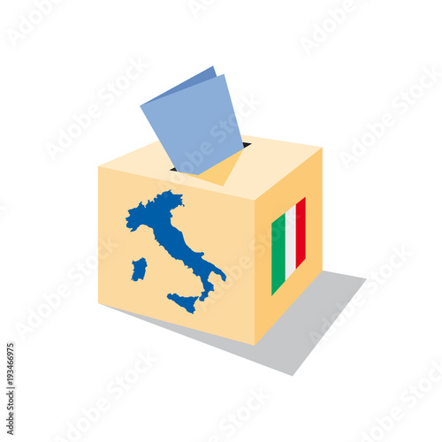 Voting in Italy; Italian political elections. Urn and ballot paper. Box with Italian flag and map