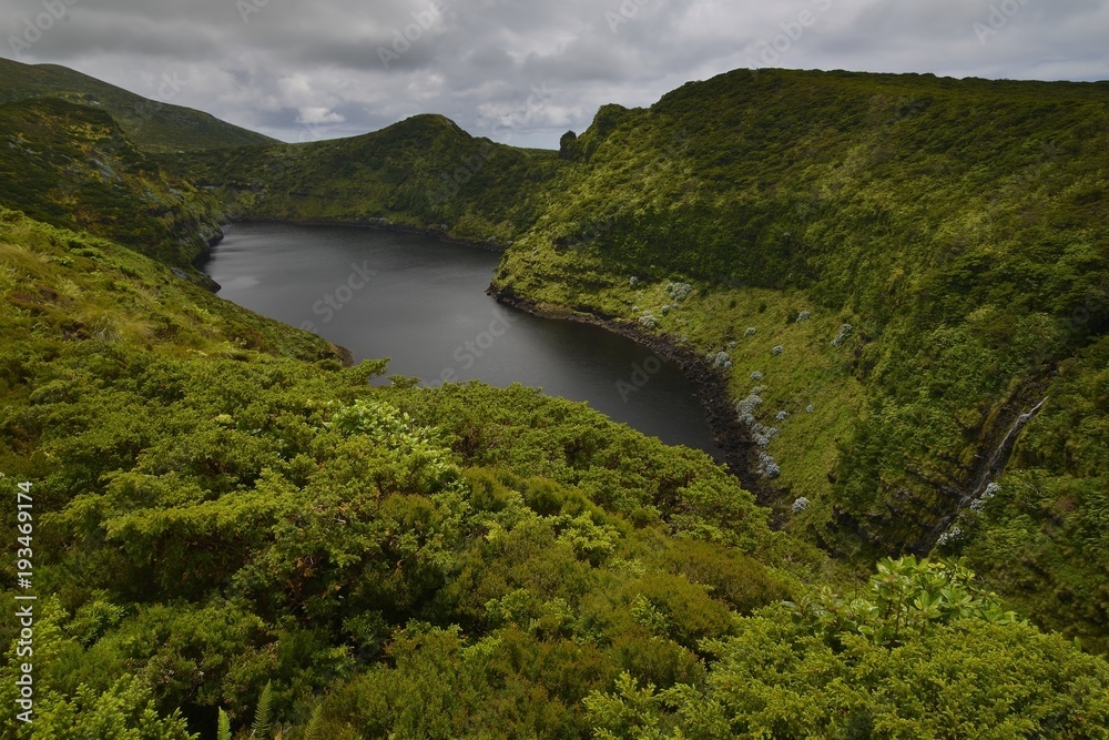 View of the volcanic lake Caldeira Comprida, Flores island, Azores, Portugal