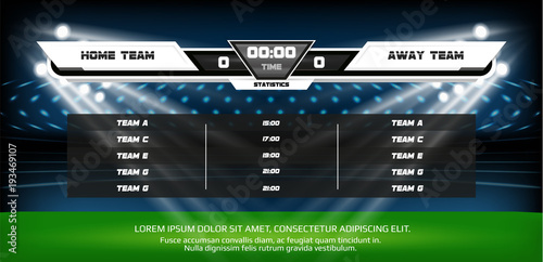 Football or soccer playing field with set of infographic elements. Sport Game. Football stadium spotlight and scoreboard background with glitter light vector illustration
