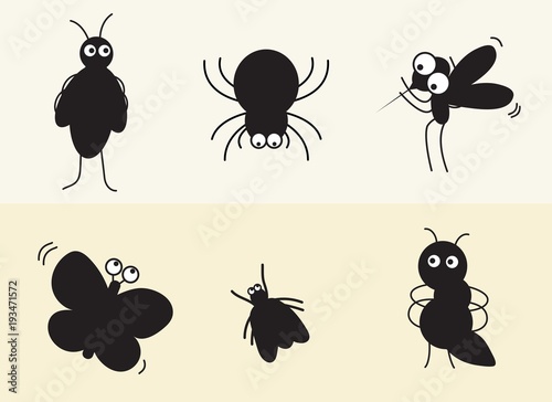 Various insects such as spider, mosquito, ant vector silhouette, black and white © happiness_illust