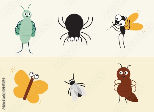 Colorful insects such as spider, mosquito, ant, grasshopper vector illustration for children
