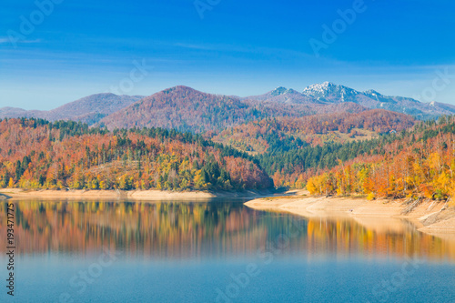  Panoramic view of Lokvarsko lake, beautiful colorful mountain autumn landscape, Lokve, Gorski kotar, Croatia 