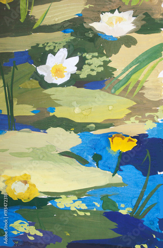 Fotografia Water-lilies in the lake. Gouache. Hand drawn.Sketch.