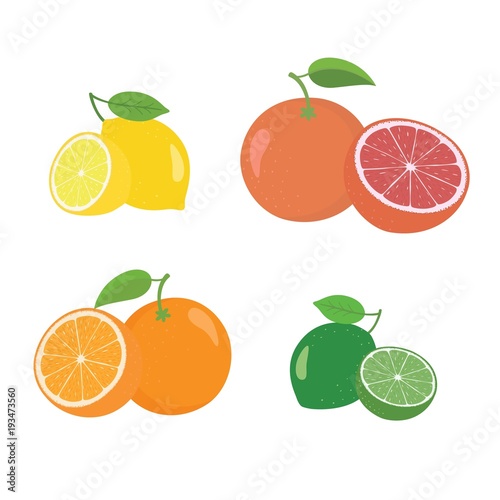 Fresh citrus fruits whole and halves 4 icons square with orange grapefruit lemon lyme