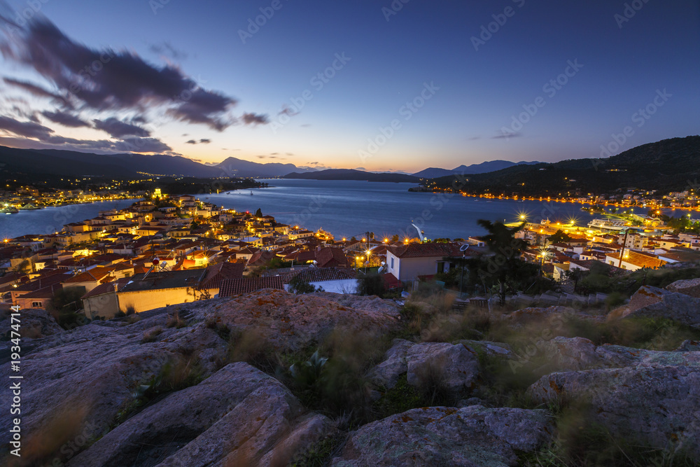 View of Poros island and Galatas village in Peloponnese, Greece. 
