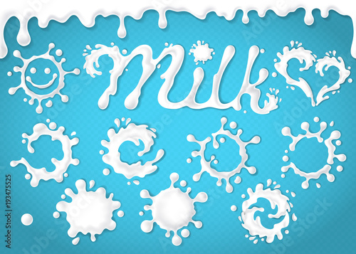 Vector set of milk seamless pattern, splashes, dripping, blots, spots. Abstract collection of stains of dairy product isolated on blue background. Milky liquid elements splashing shapes. White drops.