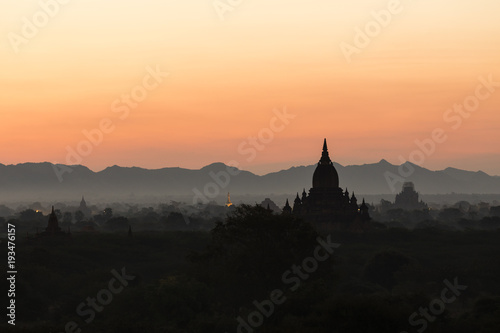 Silhouette of the ancient temples in the archaeological park in Bagan before the sunrise  Myanmar
