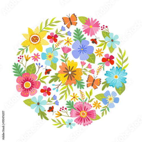 Colorful round shape made from flowers. Seasonal background. Can be used for greeting and wedding cards, gifts, postcards, invitations. Vector illustration.