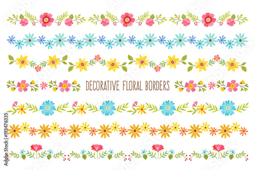 Set of colorful decorative floral borders. Perfect for create floral frame designs and text dividers. Vector illustration.