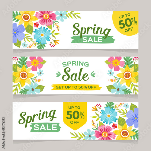 Spring sale horizontal banner templates with colorful flowers background. Perfect for vouchers, flyers, invitations, brochures, web banners and coupon discount. Vector illustration.