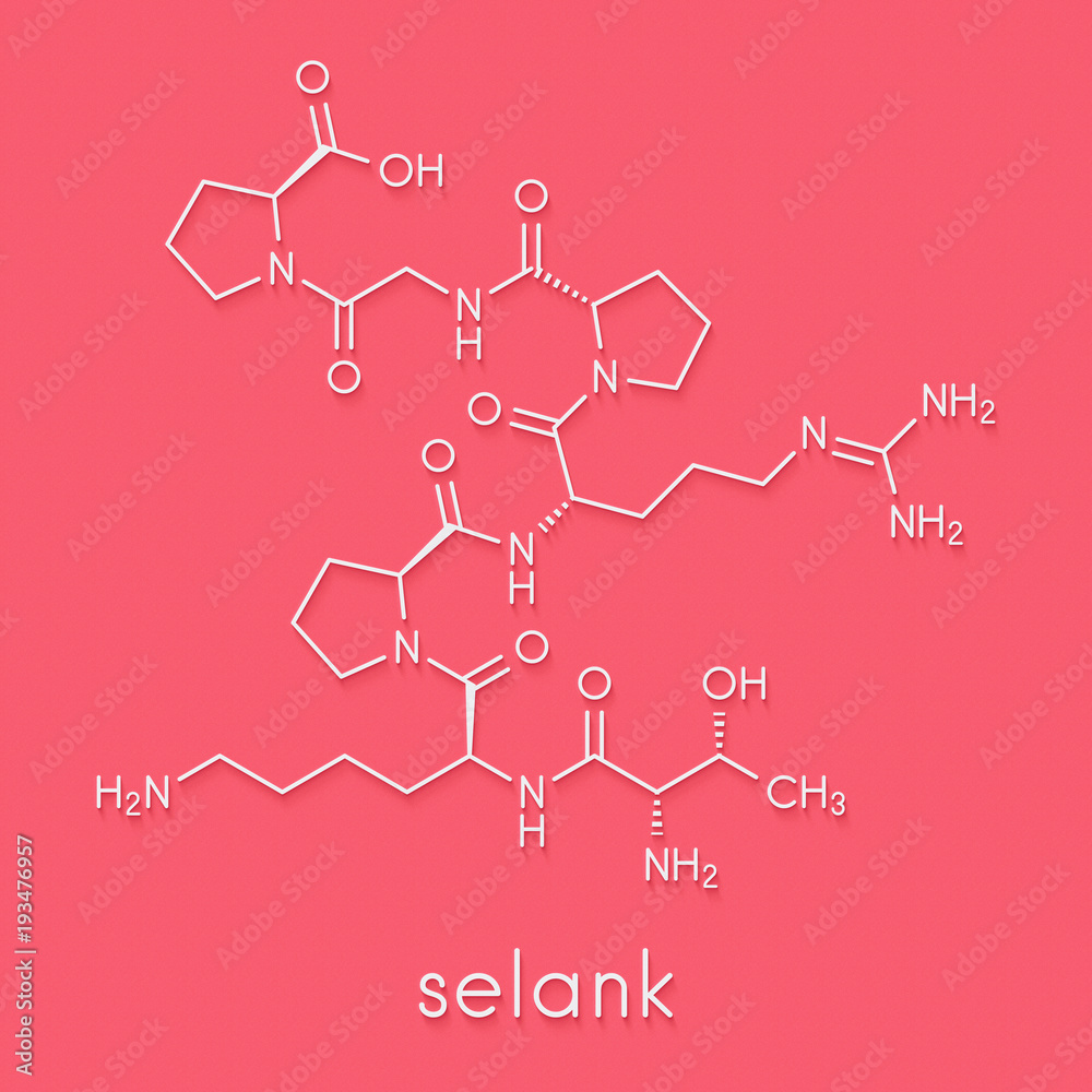 Selank nootropic and anxiolytic peptide drug molecule. Skeletal formula. Selank nootropic and anxiolytic peptide drug molecule. Skeletal formula.