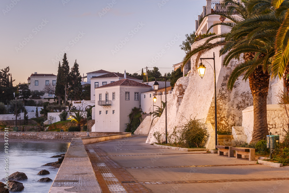 Morning view of traditional architecture in Spetses seafront, Greece. 
