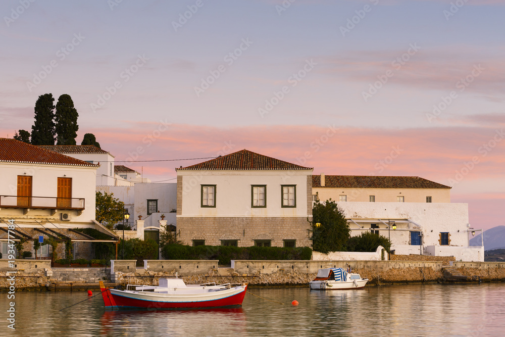 Fototapeta premium Houses in the harbor of Spetses village, Greece. 