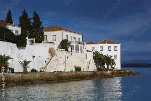 Traditional architecture in Spetses seafront, Greece. 