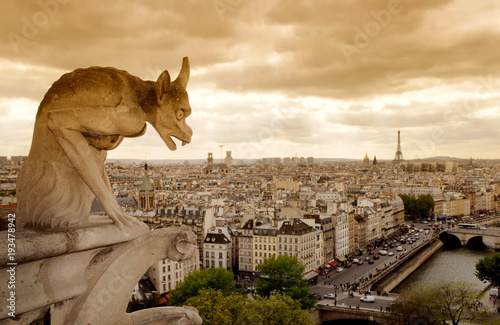 A stone demon gargoyle, statue on the Notre Dame Cathedral,Paris, France