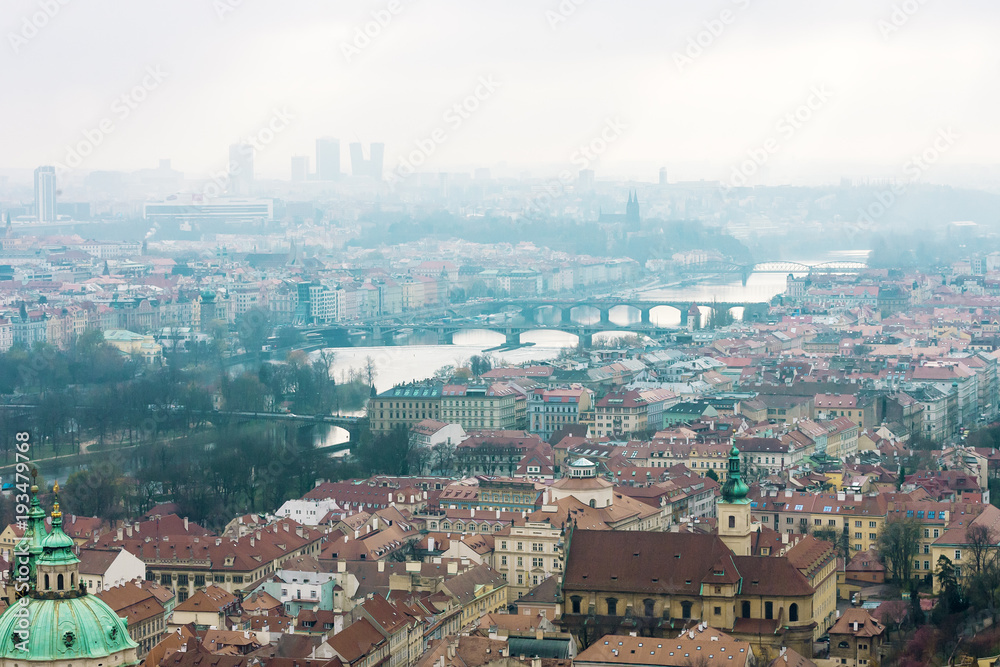 Landscape of Prague in rainy day, Czech Republic. View from Cathedral St. Vitus
