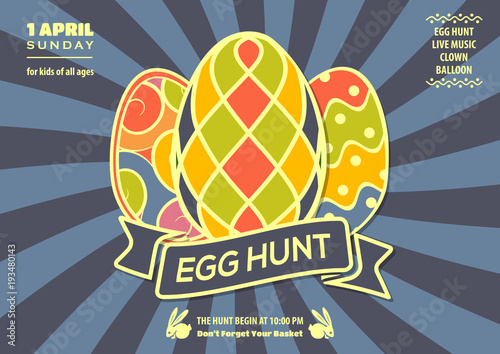 Easter egg hunt poster, invitation, leaflet template design. Vector Illustration.