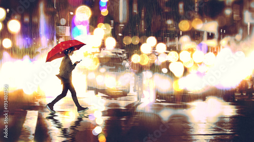 young woman listening to music on her phone and holding a red umbrella crossing a city street in the rainy night, digital art style, illustration painting