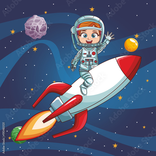 Girl astronaut flying on spaceship vector illustration graphic design
