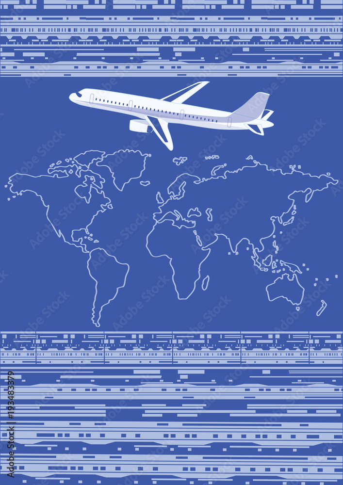 Naklejka premium Airplane, world map, abstract dark background with the symbol of information technology - art vector.