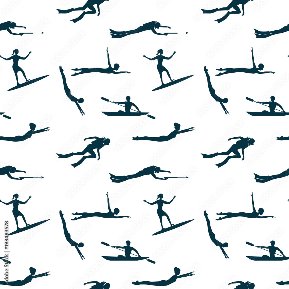 Sports Water pattern - silhouettes of swimmers, divers, skateboarder - on white background - vector art illustration.