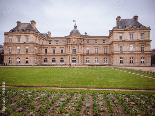 View of the Luxembourg palace, inside the public garden of Luxembourgh, one of the largest in Paris.