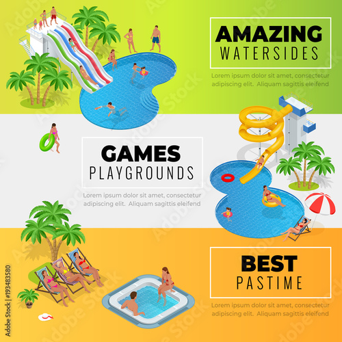 Aquapark horizontal web banners with different water slides, family water park, hills tubes and pools isometric vector illustration. design for web, site, advertising, banner, poster, board and print