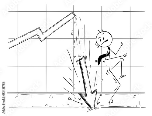 Cartoon stick man drawing conceptual illustration of businessman almost hit by profit graph or chart arrow falling down. Business concept of bankrupt and crisis.