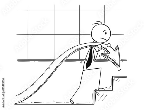 Cartoon stick man drawing conceptual illustration of businessman carry profit chart graph arrow up stairs to increase company profit. Business concept of startup and challenges.