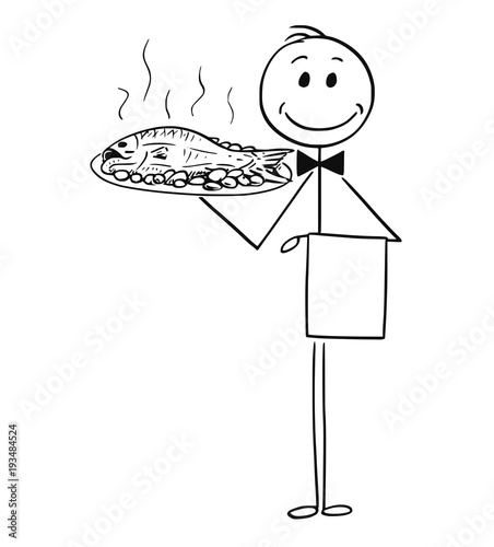 Cartoon stick man drawing conceptual illustration of waiter holding silver plate or tray with fish.