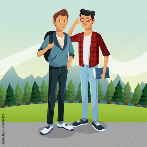 Tourists in the mountains cartoon vector illustration grapic design