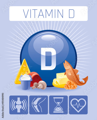 Cholecalciferol Vitamin D food icons. Healthy eating flat icon set, text letter, isolated background. Diet Infographics diagram banner, caviar, liver. Table vector illustration, body health supplement