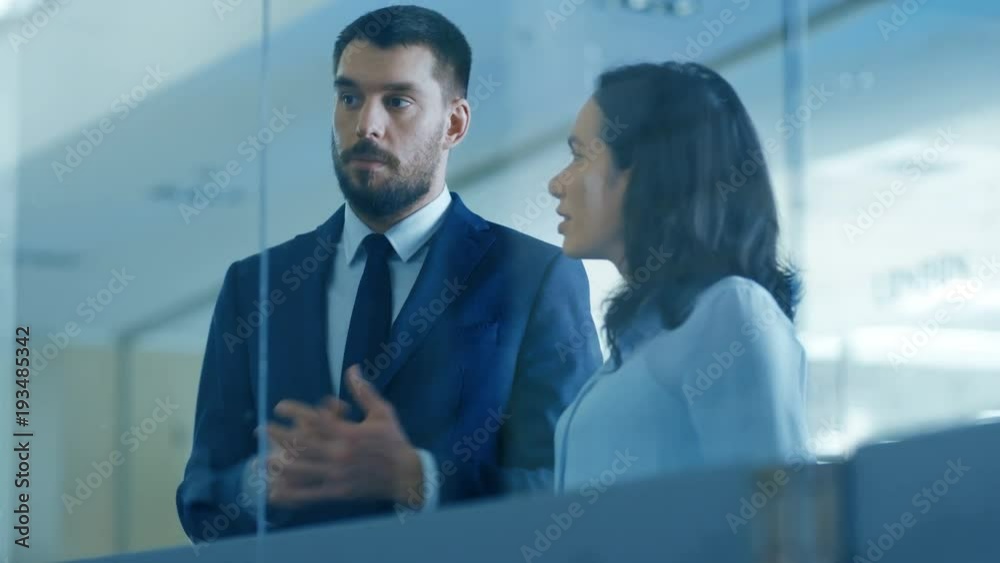 Top Manager and Female Executive Discuss Term's of Company Optimization Plan while Standing in the Modern Glass and Concrete Office. Shot on RED EPIC-W 8K Helium Cinema Camera. Top Manager and Female Executive Discuss Term's of Company Optimization Plan while Standing in the Modern Glass and Concrete Office. Shot on RED EPIC-W 8K Helium Cinema Camera.