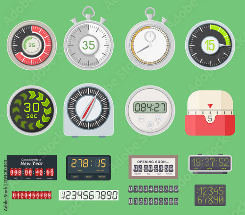 Timer vector clocks watch symbol hour stopwatch illustration. Kitchen timers sign minute second design alarm chronometer. Chronometer isolated sport time watch circle button timer clocks vector set