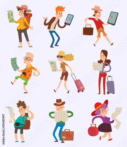 Vector people tourist with map travelers searching right direction way. Traveling man and woman touristic riut search and active lifestyle concept. Smiling attractive journey happy character with maps