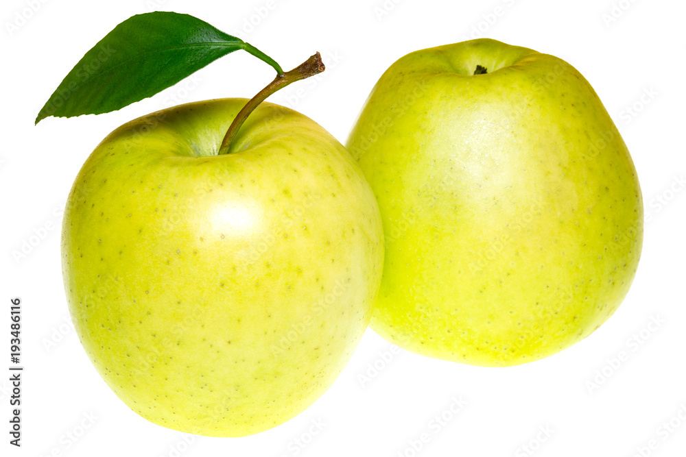 Two green apples with leaf isolated on white Two green apples with leaf isolated on white