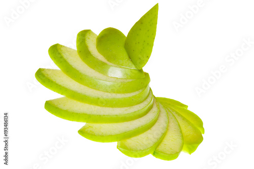 Top view of a group of green apple slices isolated on a white background.