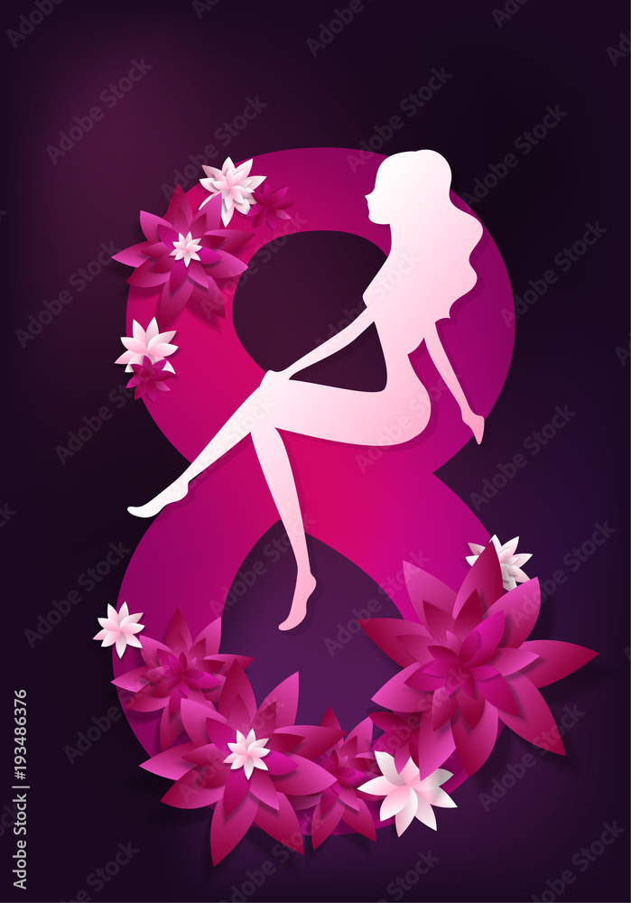 Girl sit on the digit 8 on the violet background with pink and white papercut flowers