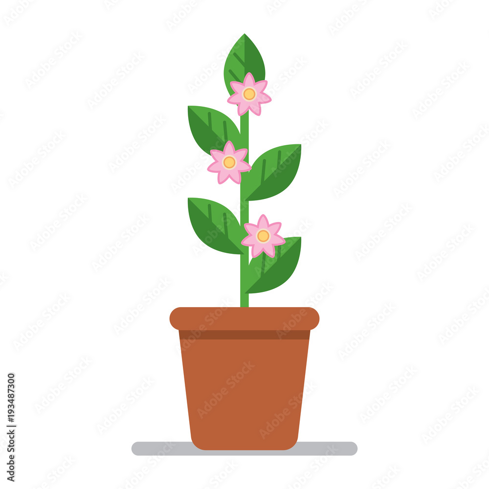 A flower in a potted garden with pink flowers. Flat style. Vector.