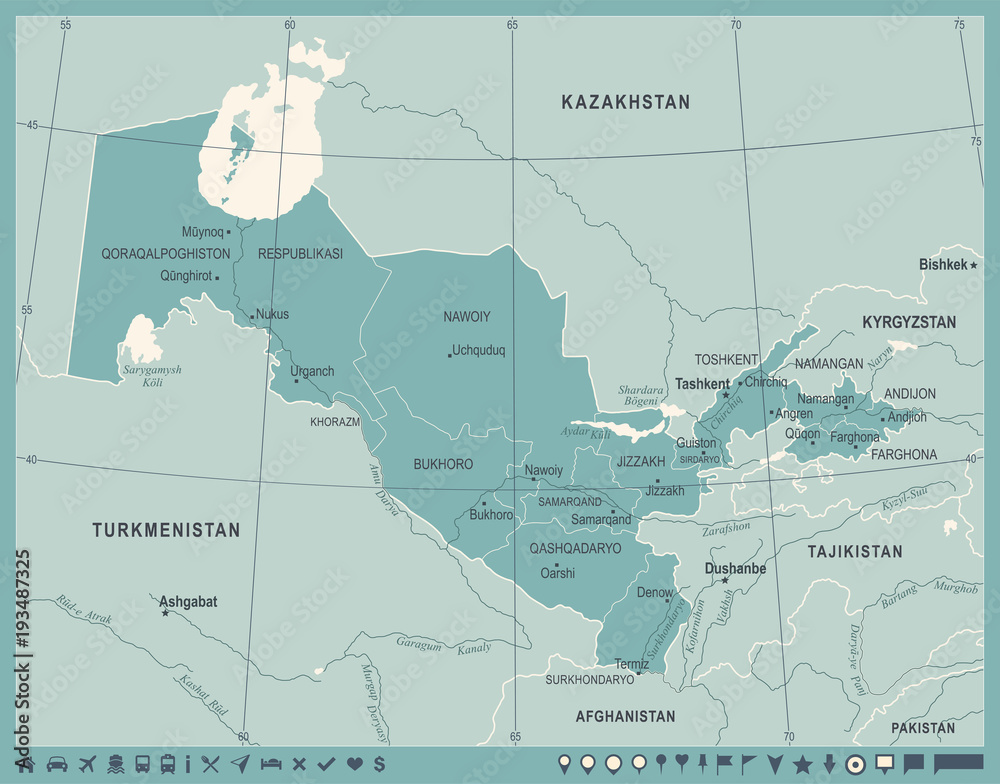 Fototapeta premium Uzbekistan Map - Vintage Detailed Vector Illustration