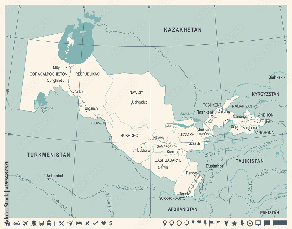 Uzbekistan Map - Vintage Detailed Vector Illustration