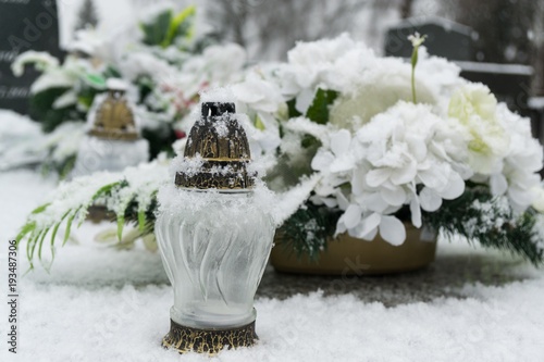 Cemetery covered by snow in winter. Slovakia