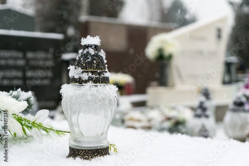 Cemetery covered by snow in winter. Slovakia