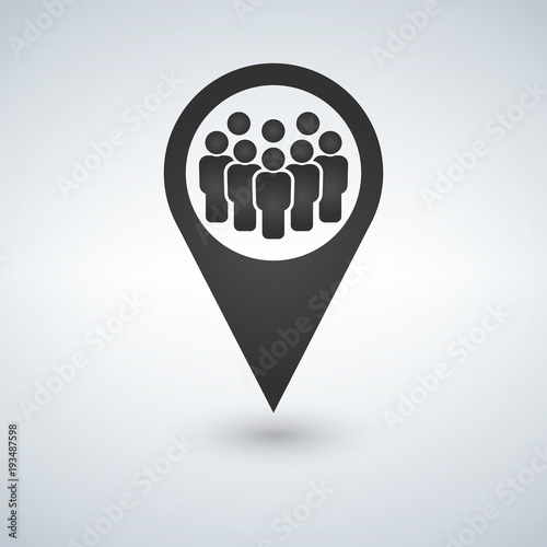 Meeting point location icon. Friends nearby. Drop shadow gps mark silhouette symbol. Group of people inside pinpoint. Vector isolated illustration.